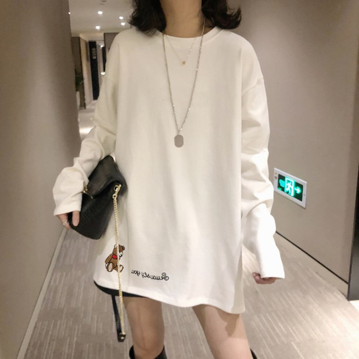 2021春秋新款白色长袖t恤女宽松内搭中长...