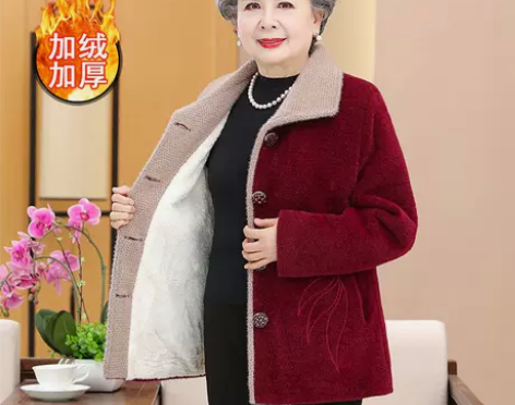 奶奶冬SY加绒毛呢外套女中老年妈妈装加厚保...