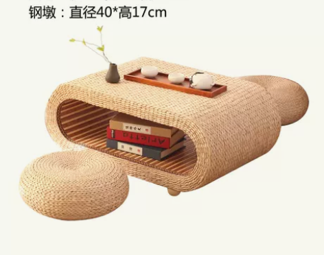 藤编榻榻米茶几日式椭圆实木地台炕桌茶桌田园...