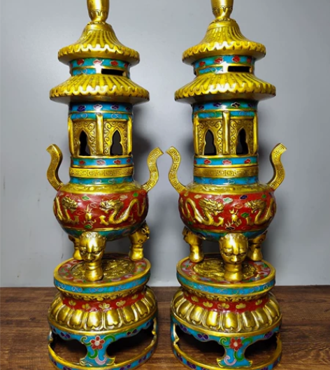 旧藏纯铜景泰蓝手工掐丝珐琅彩三体塔炉 熏香...