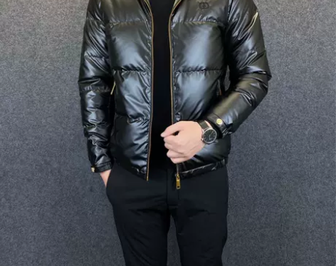 欧洲站潮牌男士亮面短款刺绣羽绒服保暖立领全...