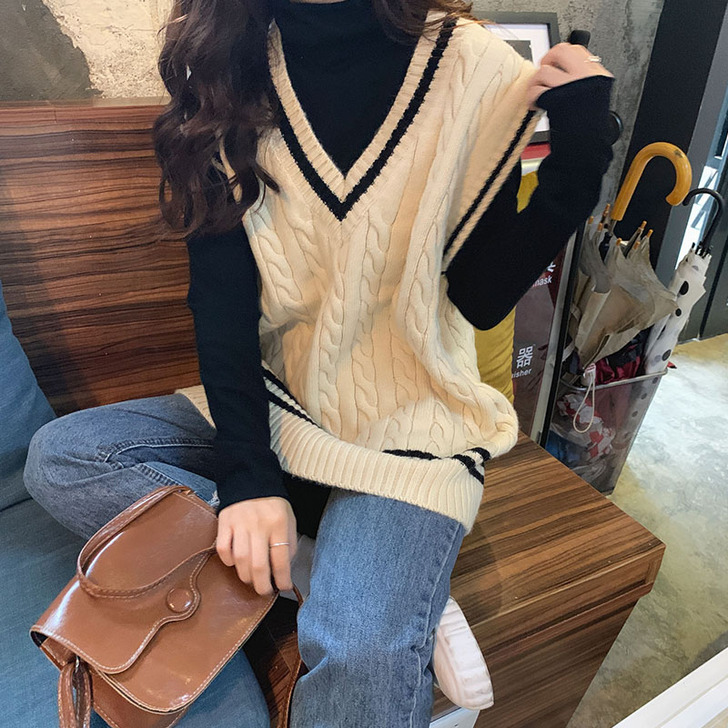 针织马甲女春秋中长款V领韩版宽松2020新...
