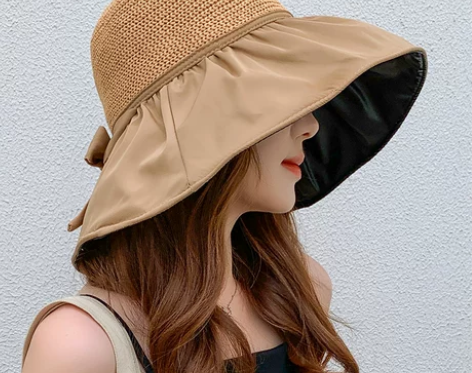 【55价】夏季黑胶蝴蝶结遮阳帽女镂空草帽防...