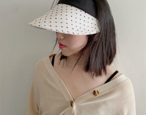 波点草帽空顶帽黑白夏季透气太阳帽优雅法式漏...