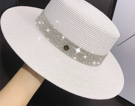 网红遮阳帽英伦赫本风平顶草帽女夏季出游海边...
