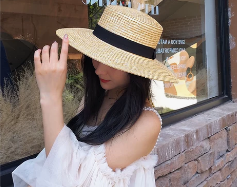 娜扎同款小清新平顶草帽麦秆防晒遮阳帽子女夏...