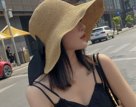 蝴蝶结草帽女ins潮韩版百搭夏天户外防晒遮...
