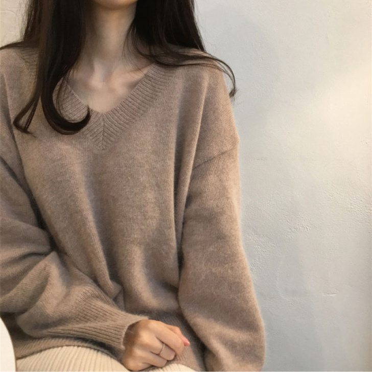 v领套头毛衣女秋冬宽松外穿慵懒风2020年...