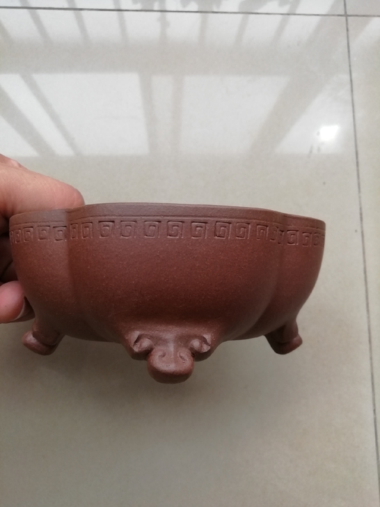 寅春王紫砂盆，回纹牛角木瓜盆