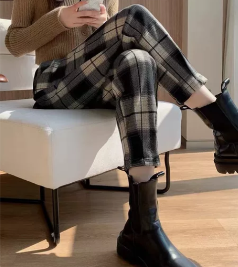 加绒格子裤子女毛呢裤秋冬季加厚高腰复古宽松...