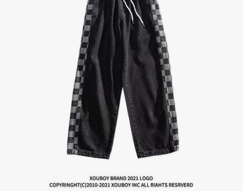复古oldschool撞色棋盘印花牛仔裤男...