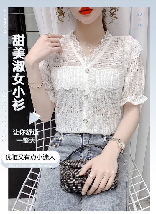 法式甜美蕾丝衫v领短袖衬衫女