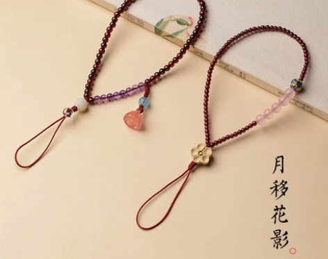 手机挂绳 手机挂绳琼睿天然酒红石榴石挂链高...