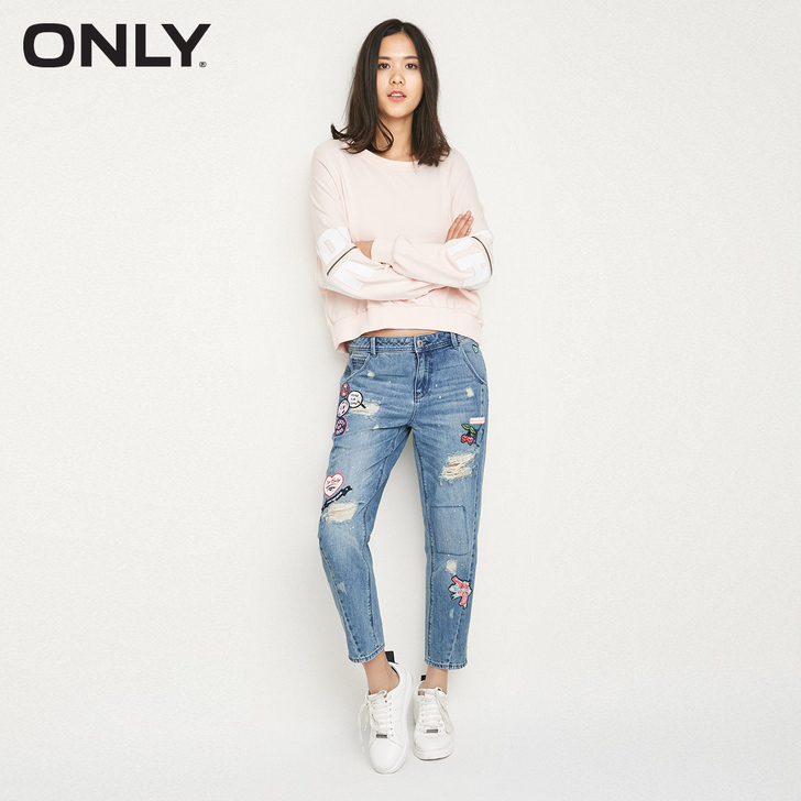 全新 ONLY个性嘻哈破洞贴布图案九分BF...