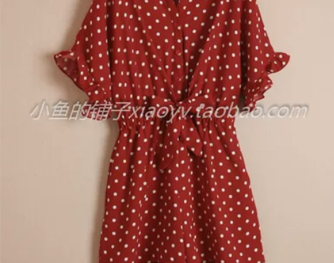 夏款复古波点雪纺面料花边袖子休闲连体短裤裙...