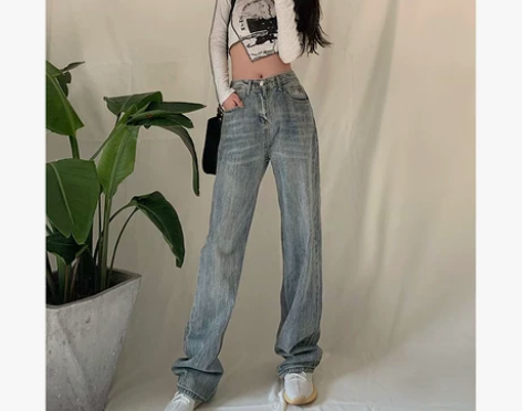 ?EARNED 秋季复古宝蓝拖地牛仔长裤高...