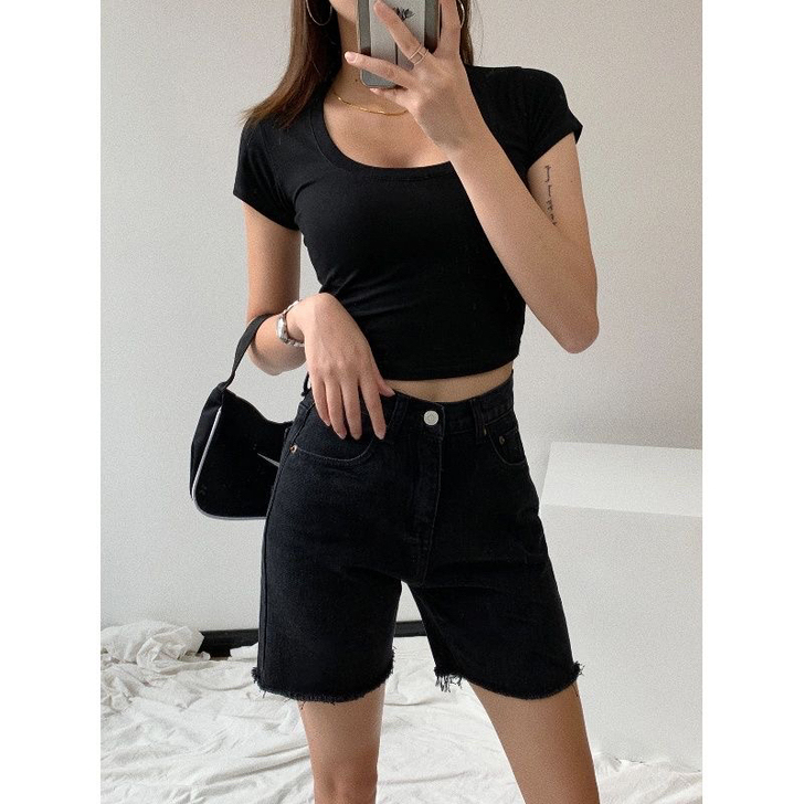 美式水洗做旧毛边牛仔短裤女夏高腰显瘦五分中...