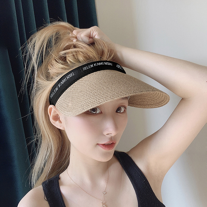 拉菲草空顶帽防紫外线遮阳草帽扎马尾骑行防晒...