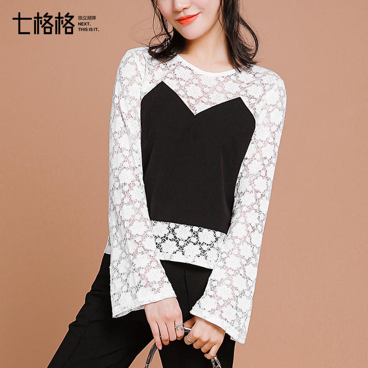 七格格春装新款甜美半透性感假两件蕾丝衫女上衣