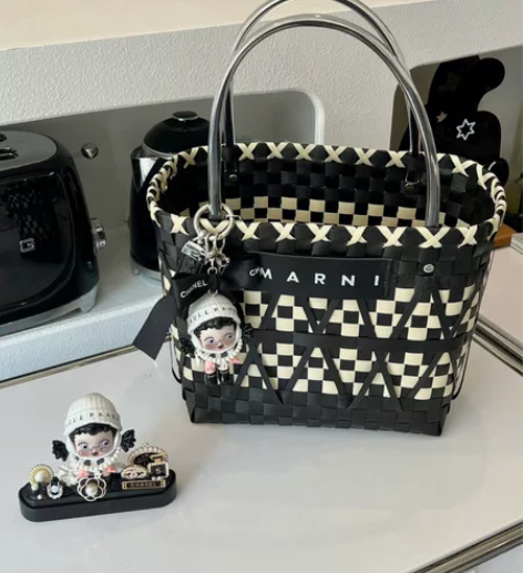 编织菜篮子包包熊猫黑白格女士手提包手拎包沙...