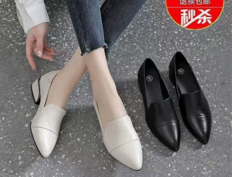 2022新款中跟单鞋女百搭春秋一脚蹬鞋子时...