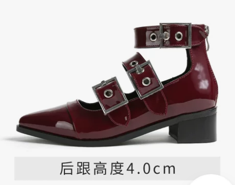 玛丽珍鞋女复古粗跟尖头单鞋中跟赫本酒红色高...