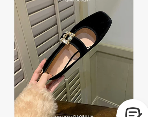 ?法式单鞋赫本风一字带水钻方扣粗跟玛丽珍鞋...