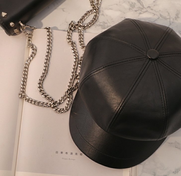 黑色pu皮质英伦复古百搭贝雷帽