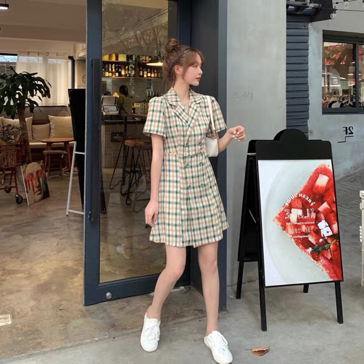 格子裙女夏装2021新款法式情侣装收腰显瘦...