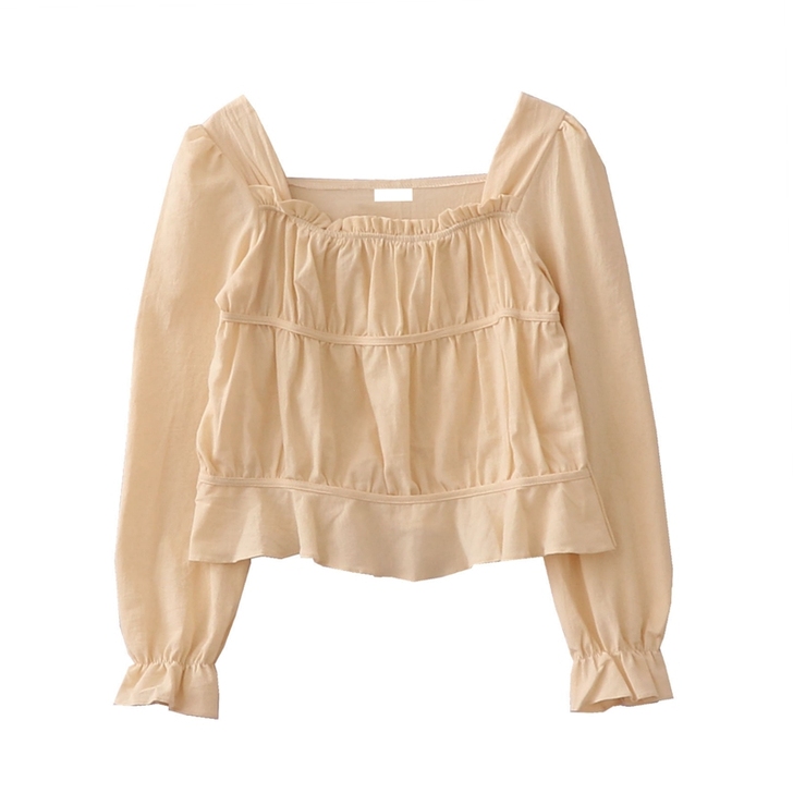 复古方领漏锁骨小仙女气质荷叶边下摆短款衬衫...