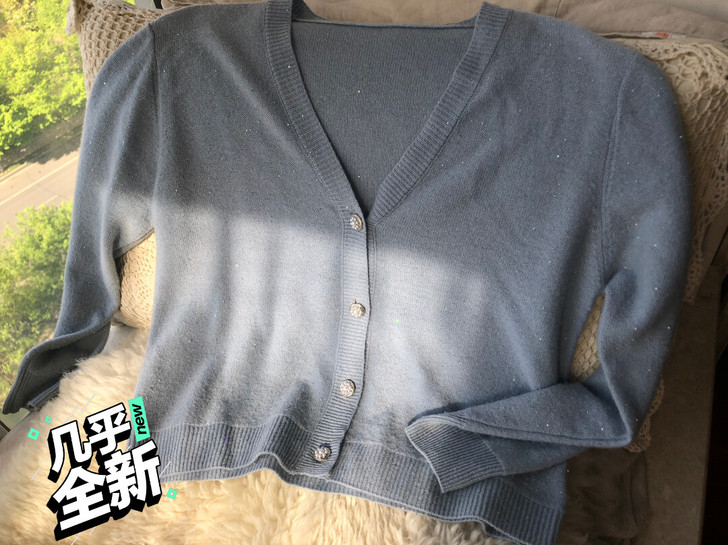 百分百羊绒衫女开衫珠片纱雾霾蓝色重工珍珠扣...