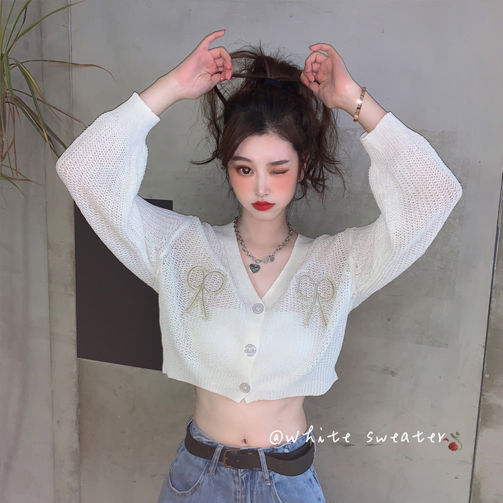 重工刺绣薄款针织衫女夏季长袖防晒开衫韩版百...