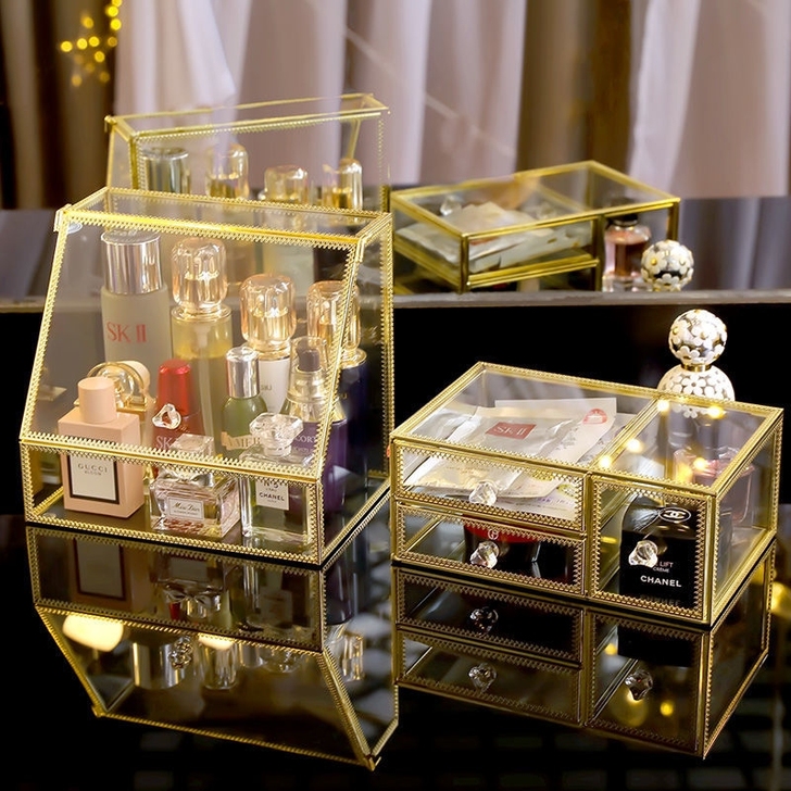网红金边玻璃化妆品收纳盒家用桌面护肤品口红...