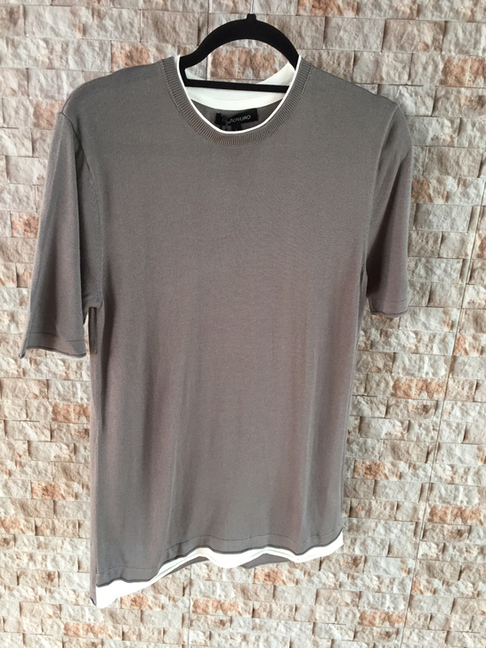 RT品牌 灰色素色简约纯棉假两件短袖针织短...