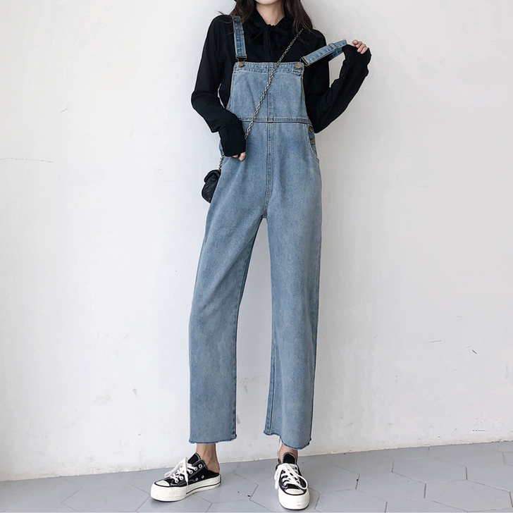 春季2021年新款学生裤子宽松直筒背带牛仔...