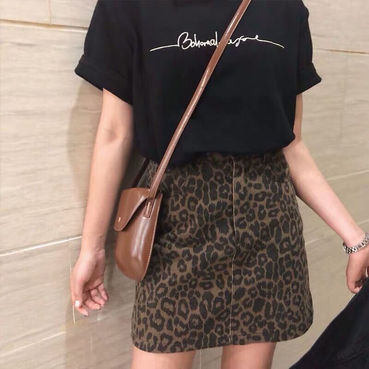 韩版豹纹半身裙牛仔短裙包臀裙高腰A字裙