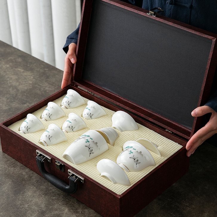 高档陶瓷羊脂玉描金功夫茶具套装商务礼品高档...