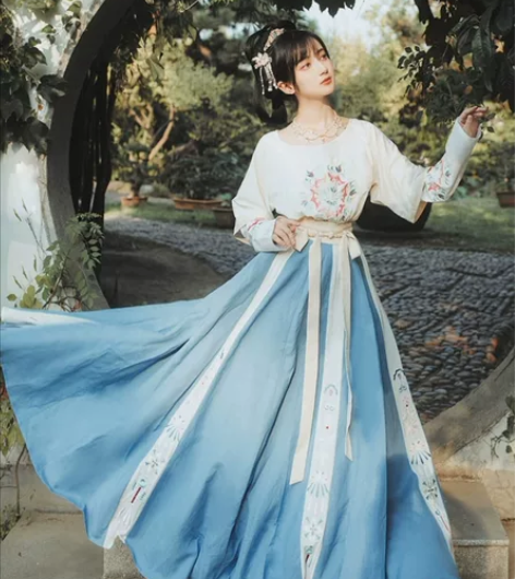 ?艺缕原创坦领汉服女三件套两片式齐腰襦裙半...