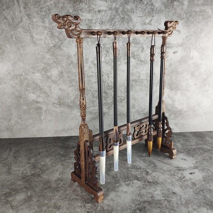 文房四宝实木鸡翅木笔挂龙头毛笔架6挂12针...