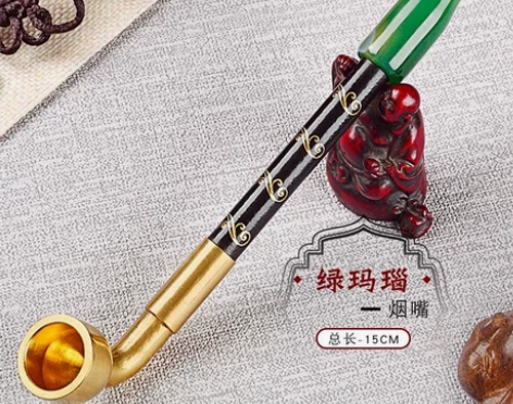 老式纯铜旱袋锅子传统实木花烟杆绿玛瑙嘴男士...