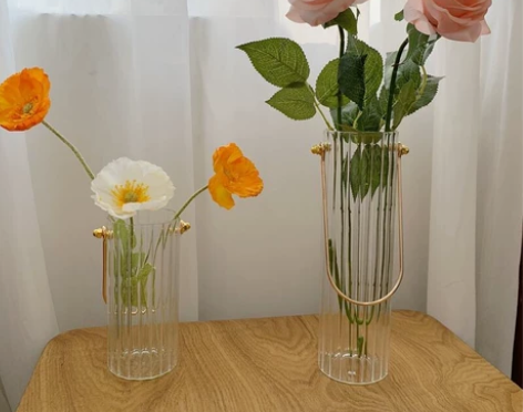 北欧简约金属手提竖纹玻璃ins风小花瓶插花...