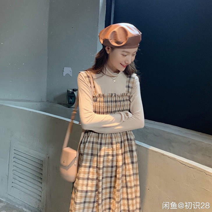 韩版时尚显瘦格子连衣裙