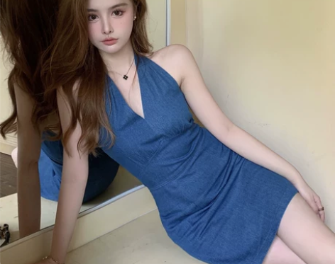 轻熟风连衣裙复古小众牛仔裙收腰2021新款...