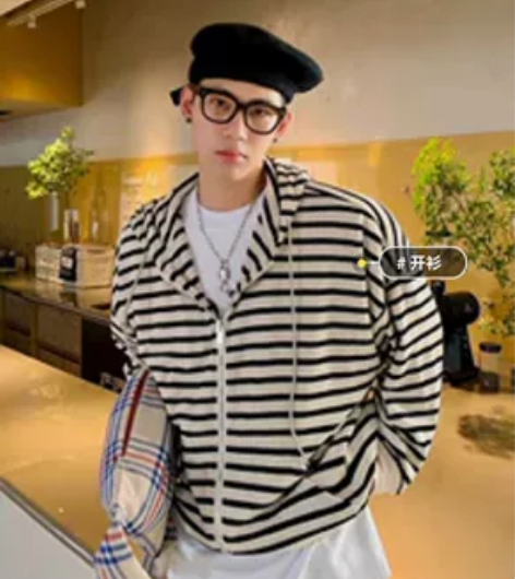 威廉威 条纹连帽卫衣秋季男士宽松时尚韩版百...