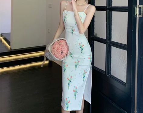 印花抹胸吊带裙女夏新款法式高级感修身包臀裙...