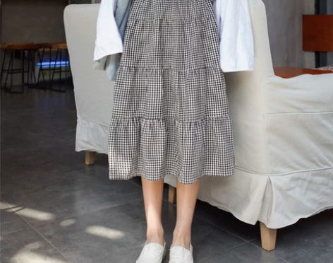 夏装新款韩版chic复古百搭松紧高腰大摆裙...