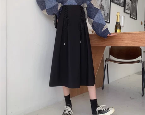 港味风系带褶皱半身裙大码高腰中长款灰色a字...