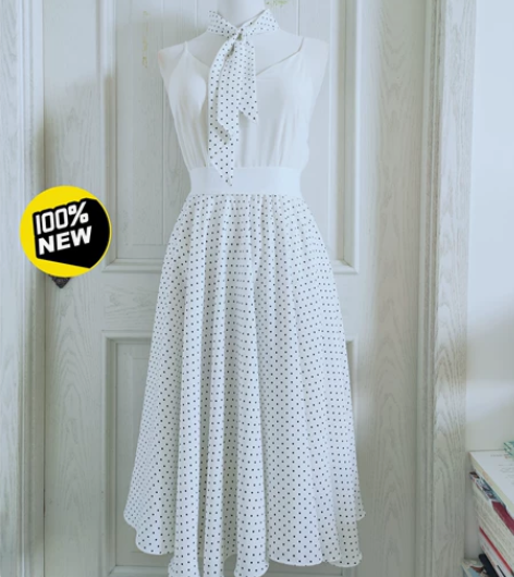 双层360度波点雪纺半身裙中长款大摆裙白色...