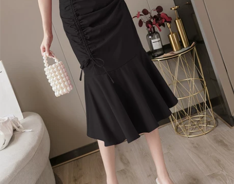 2022夏季新款高腰中长款不规则设计感抽绳皱褶系带鱼尾裙半身...