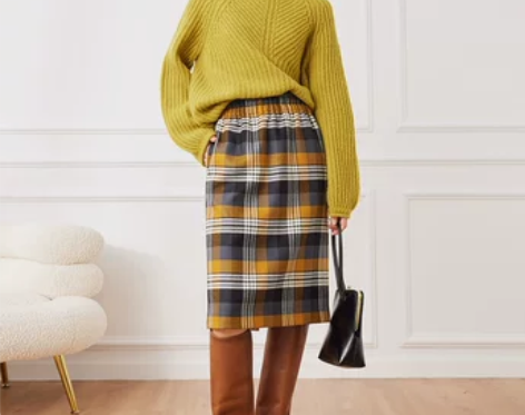 复古格纹松紧腰铅笔裙女设计感2022春季新...